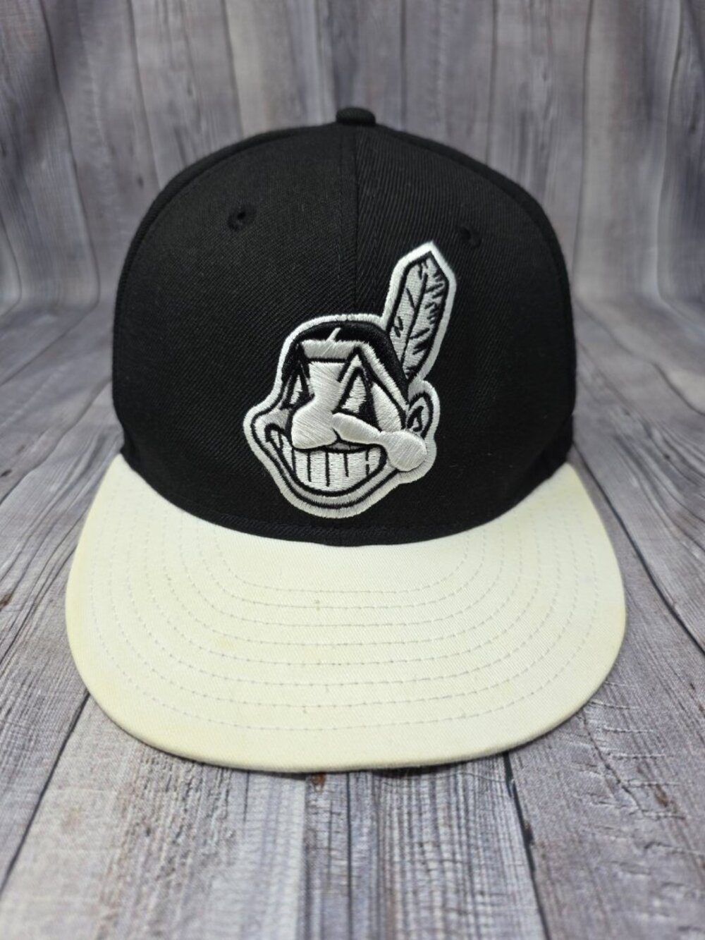 Cleveland Indians Wahoo Black White Cream New Era Fitted 7 1/2 59Fifty VERY RARE